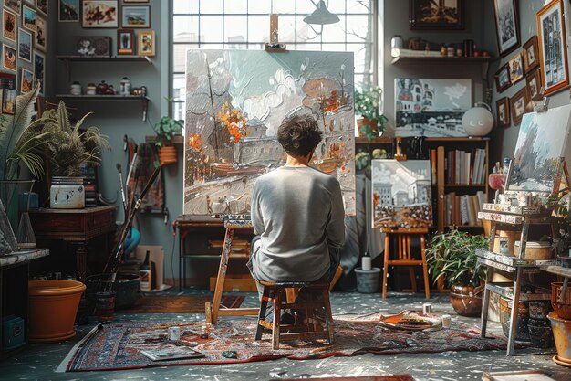 Photo artist painting in a bright studio illustrating creativity and passion