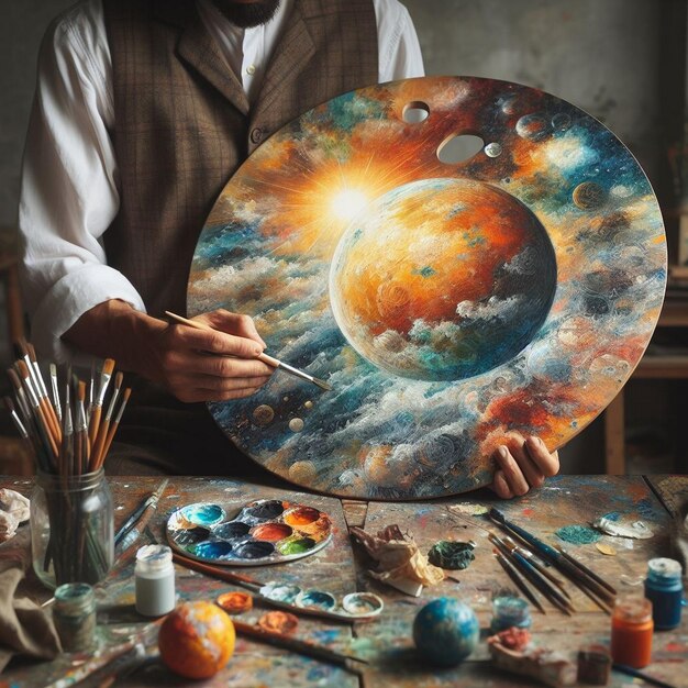 An artist painting holding a large round palette with various colors with a collection of brushes