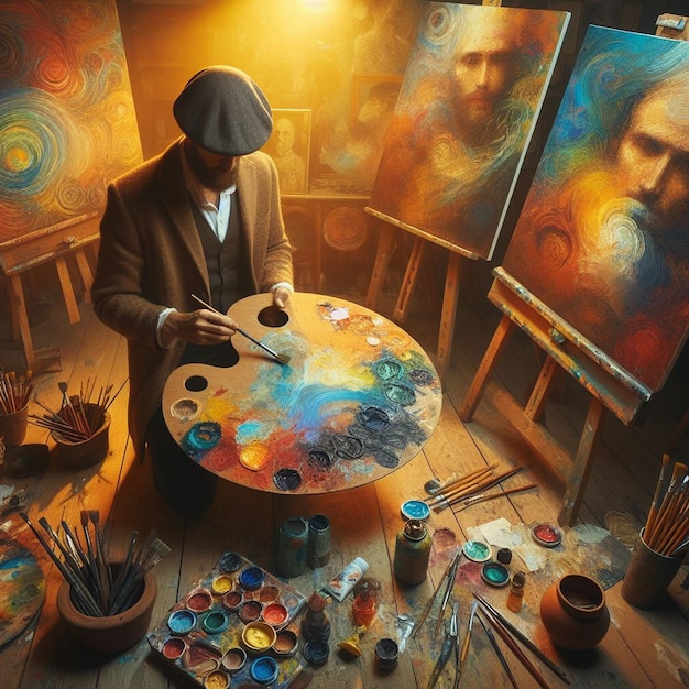 An artist painting holding a large round palette with various colors with a collection of brushes