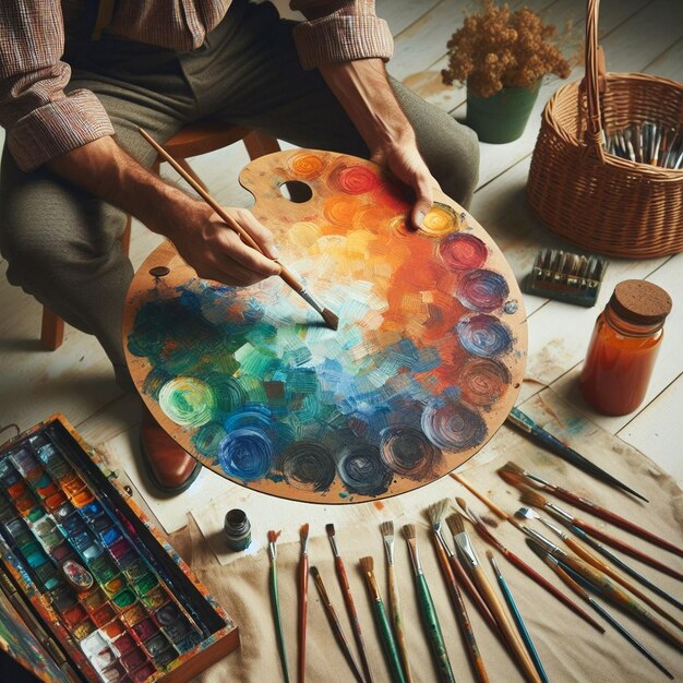 An artist painting holding a large round palette with various colors with a collection of brushes