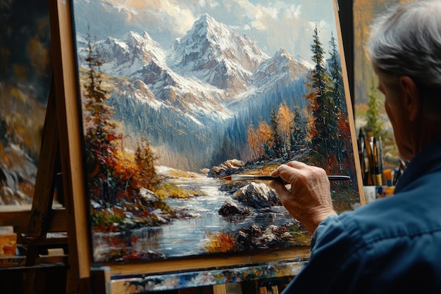 Photo artist painting a mountain landscape with a river and trees