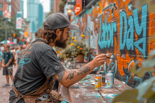 Photo an artist painting a mural dedicated to laborers on a brick wall in an urban setting