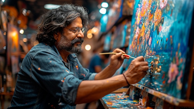 artist painting a Navratri scene on a canvas