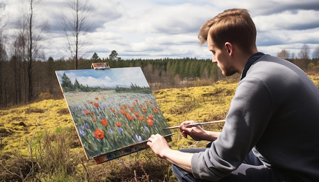 Photo an artist painting a spring landscape outdoors