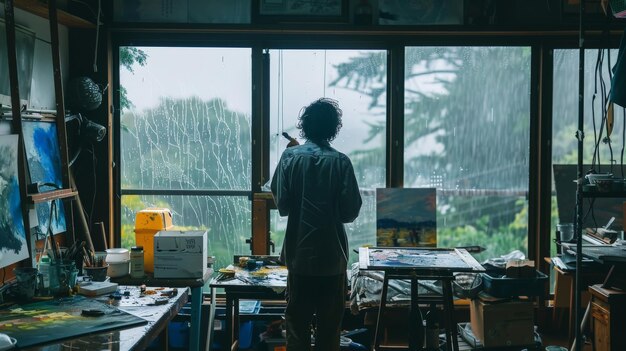 Photo artist painting in a studio with large windows inspired by the rainy landscape outside capturing the changing light and colors