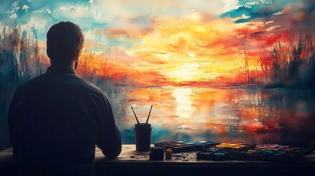 Photo artist painting vibrant sunset over a serene lake capturing the stunning colors of the sky and water creating a beautiful masterpiece