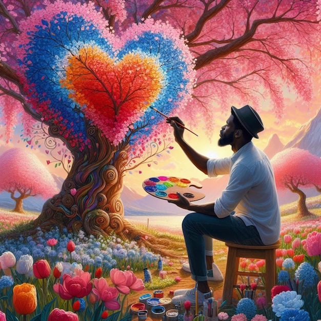 An artist paints a shape of Colorful Heart under a beautiful cherry tree for Valentines Day