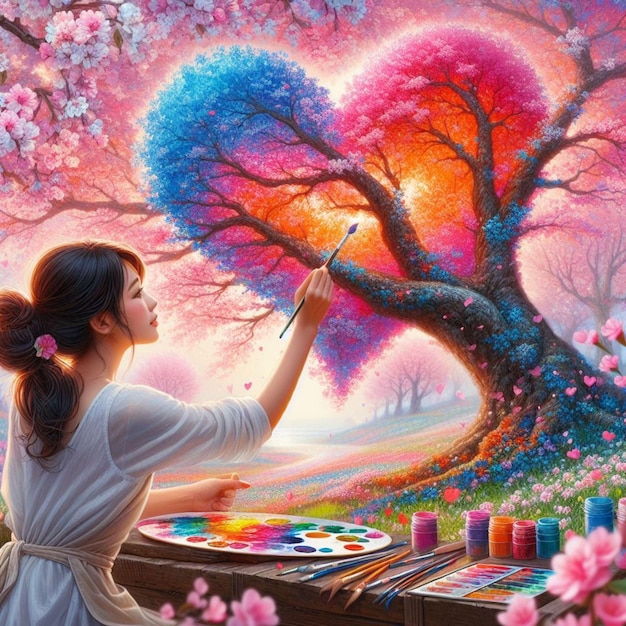 An artist paints a shape of Colorful Heart under a beautiful cherry tree for Valentines Day