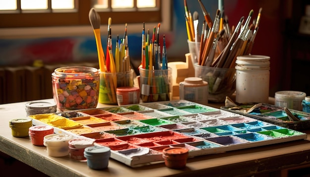 Artist's palette with oil paints and paint brushes