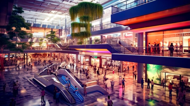 Artist's rendering of shopping mall with escalators and escalators Generative AI