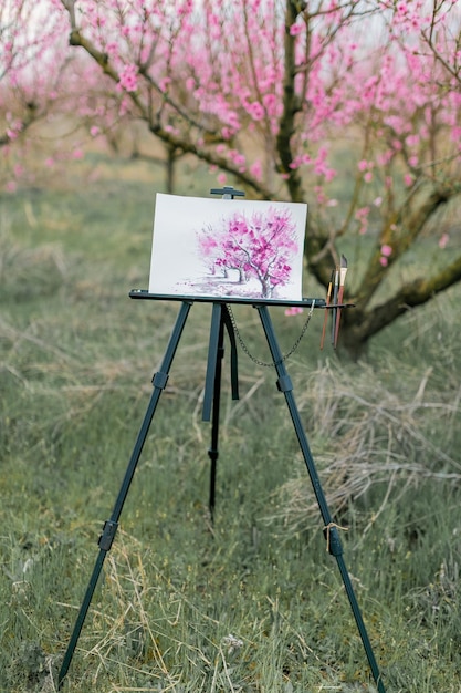 Artist's tripod with a picture in a peach orchard spring