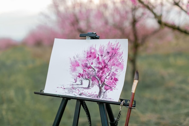 Artist's tripod with a picture in a peach orchard spring