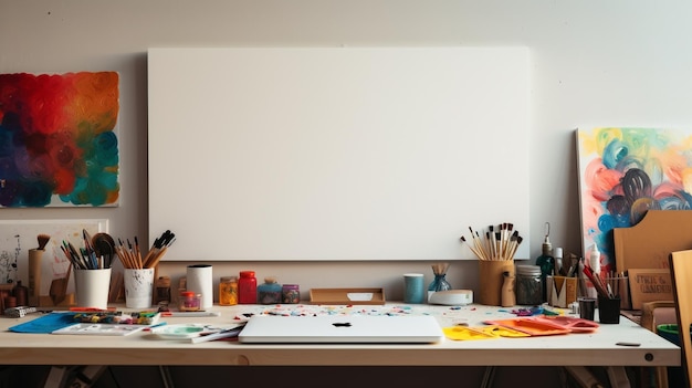 Artist's workspace with blank canvas and art supplies