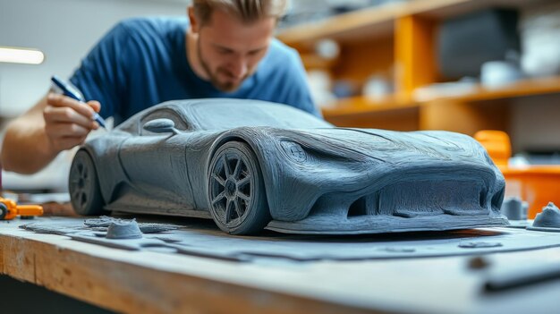 Photo artist sculpting a detailed car model from clay