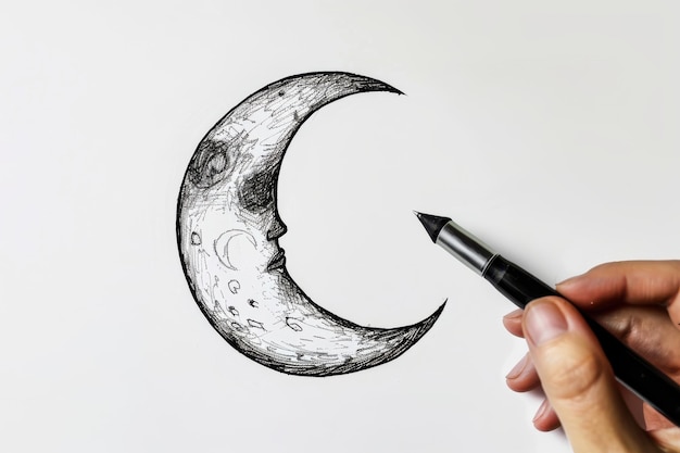 An artist sketches a whimsical crescent moon with a serene face using a pen in a bright creative workspace