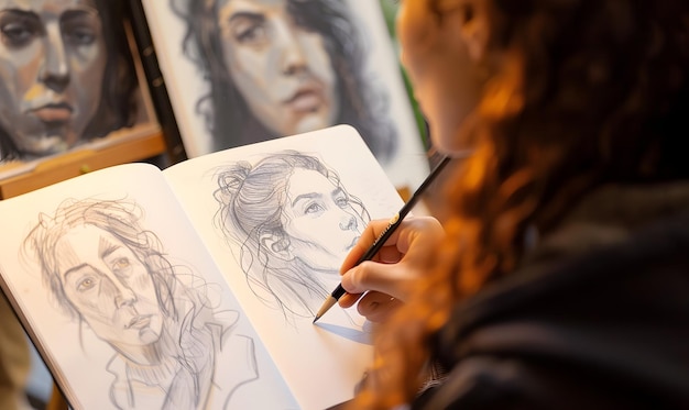 Artist sketching faces in a notebook