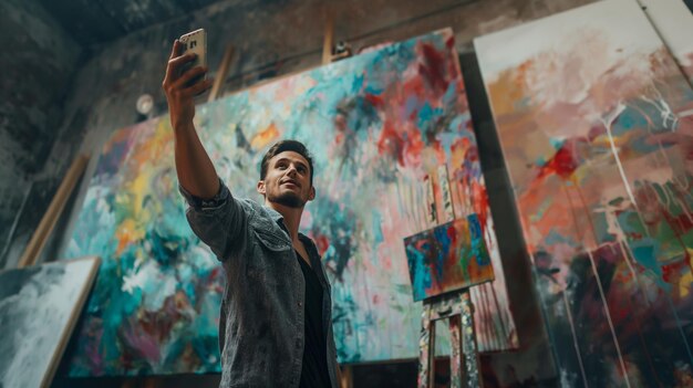 Photo an artist taking a selfie in their studio with a giant canvas behind them artist selfie hd whimsi