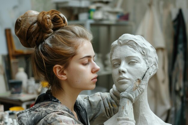 Photo artist at work crafting a detailed sculpture of a woman