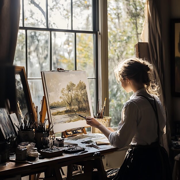 Photo artist working on landscape painting in a sunlit studio