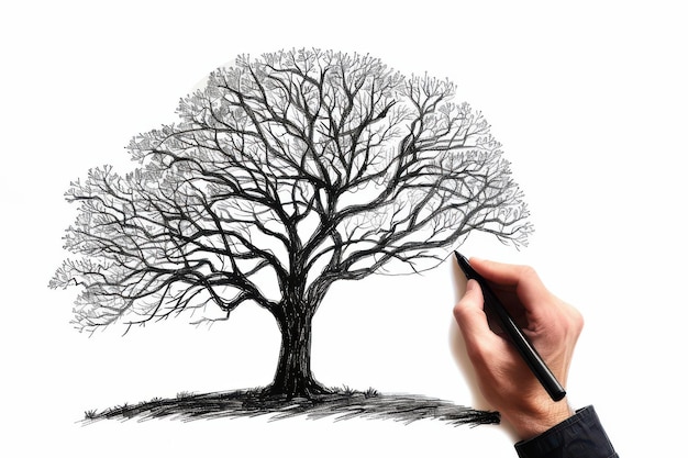 Photo an artist39s hand bringing a majestic tree sketch to life on a blank canvas with intricate details and fine lines across the branches