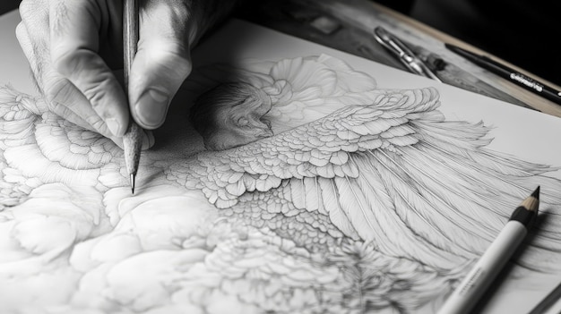 Photo an artist39s hand at work on a detailed pencil drawing