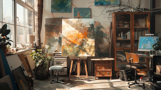 An artist39s studio with a digital canvas where AI suggestions help refine compositions melding creativity and technology