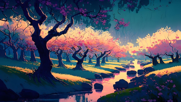 Artistic 2d painting of spring landscape with blooming trees and small river neural network generated art