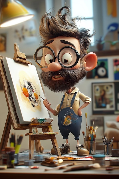 Photo artistic 3d cartoon character painting a masterpiece