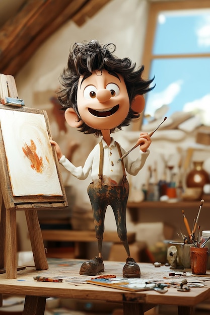 Photo artistic 3d cartoon character painting a masterpiece