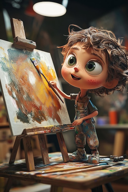 Artistic 3D Cartoon Character Painting a Masterpiece