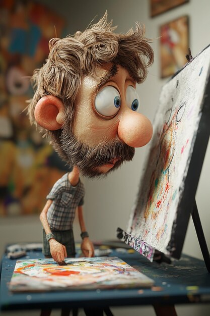 Photo artistic 3d cartoon character painting a masterpiece