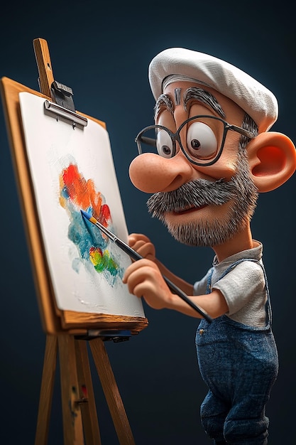 Photo artistic 3d cartoon character painting a masterpiece