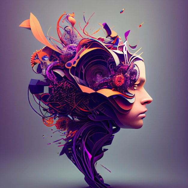 Artistic 3D illustration of a female face with abstract hairstyle