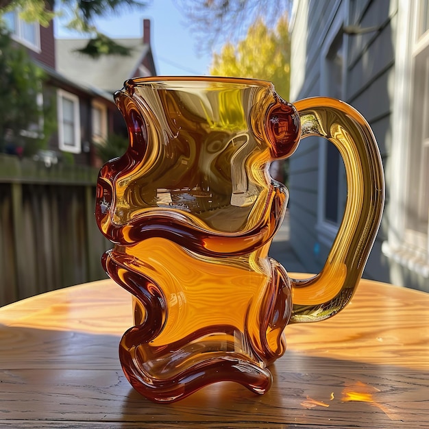 Artistic amber glass mug on wooden table unique squiggly design