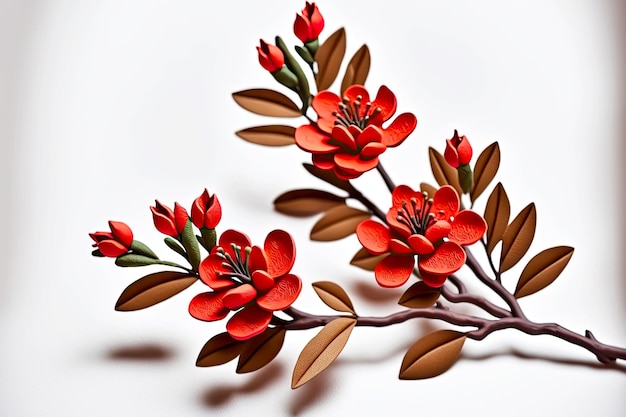 Artistic application of branches and plasticine flower isolated on white created with generative ai