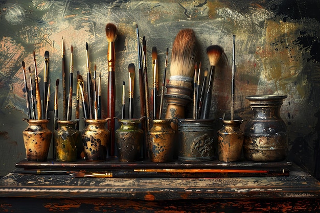 Artistic arrangement of paint tubes and brush Collection of paint tubes and brush