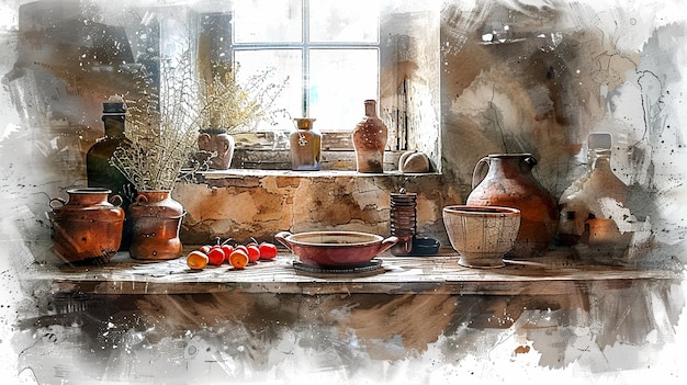 Photo artistic arrangement of pottery and natural elements in a rustic kitchen window