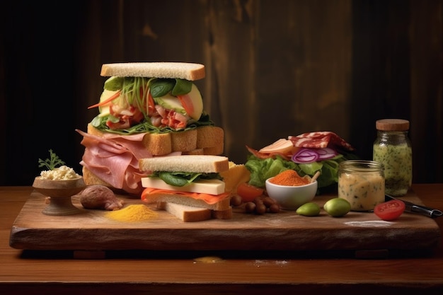 Artistic arrangement of sandwich ingredients on a board created with generative ai