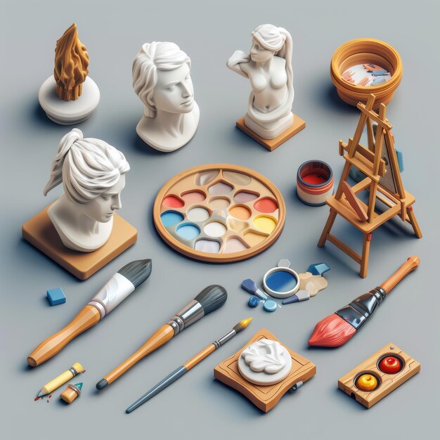 Photo artistic arrangement of sculpting tools and paint supplies on a minimalistic background