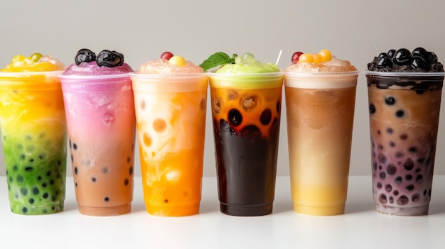 Photo an artistic arrangement of several bubble tea drinks with different flavors and colorful pearls neatly placed in a row on a white surface to showcase their variety