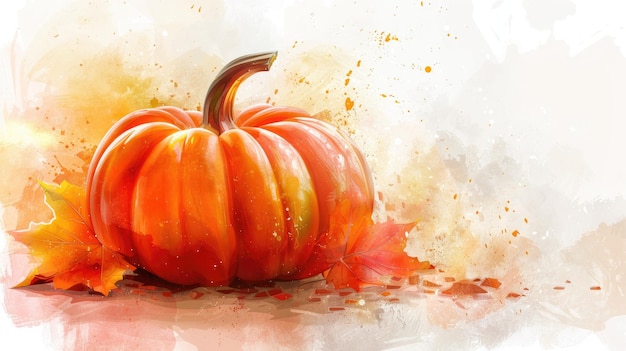 Photo artistic autumn pumpkin with watercolor leaves vibrant seasonal harvest illustration