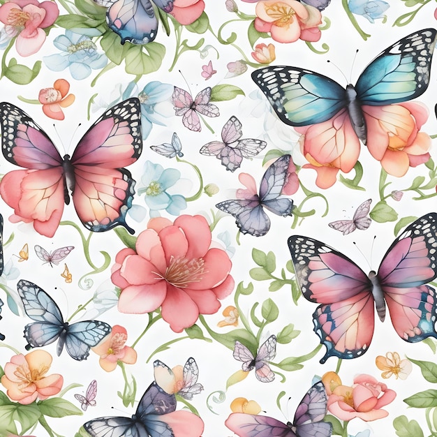 Artistic background with watercolour butterflies and flowers on white design seamless pattern