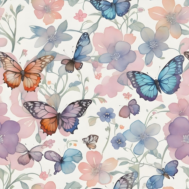 Artistic background with watercolour butterflies and flowers on white design seamless pattern