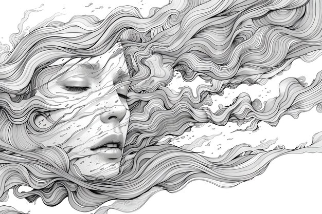 Photo artistic black and white illustration depicting a woman39s face partially obscured by flowing wavelike hair evoking a sense of calm and fluidity