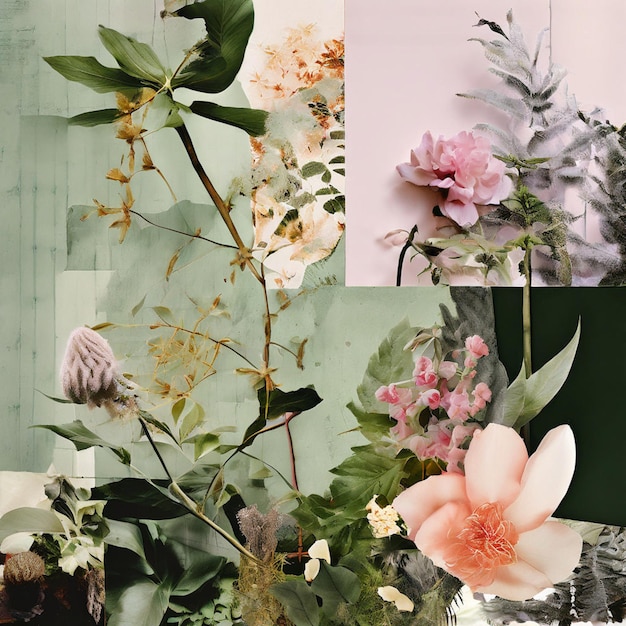 Artistic Botanical Collage Layered Textures and Verdant Hues in Montage