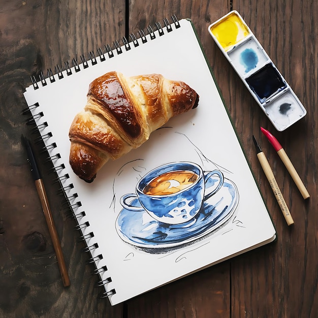 Photo artistic breakfast a croissant sketchbook and watercolor paints