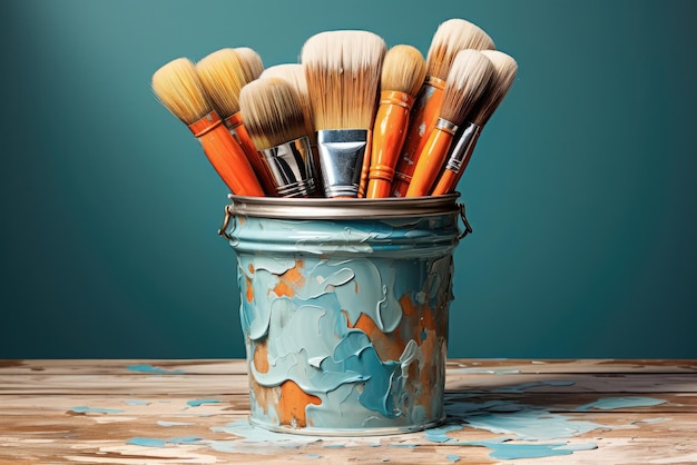 Artistic brushes in a jar on a blue pale wall background