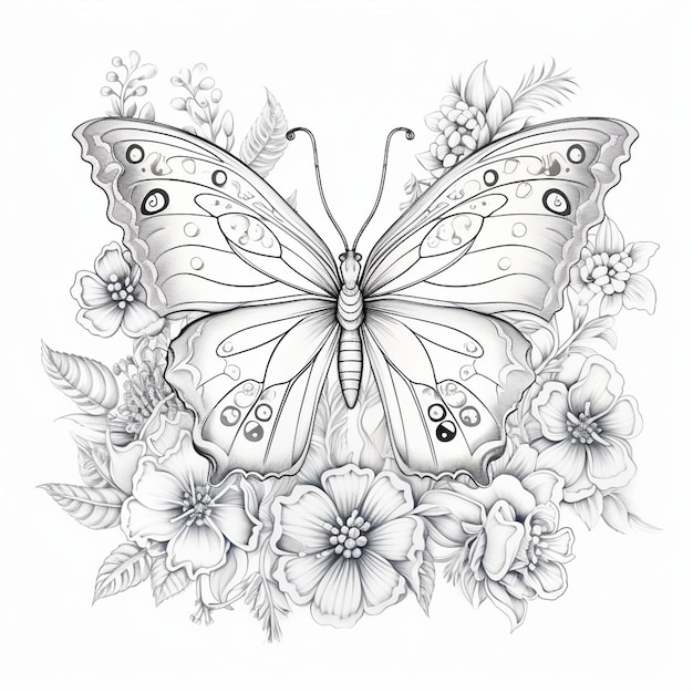 Artistic Butterfly Coloring Page Featuring Floral Pattern