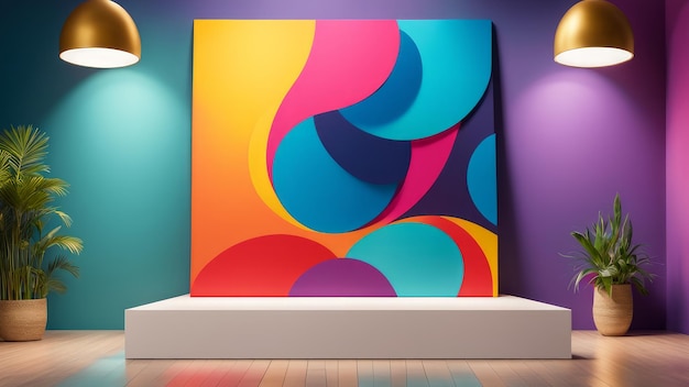 Artistic Canvas Podium with vibrant art studio Background