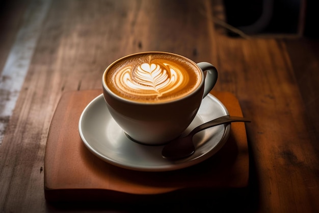 Artistic Cappuccino on Wooden Surface